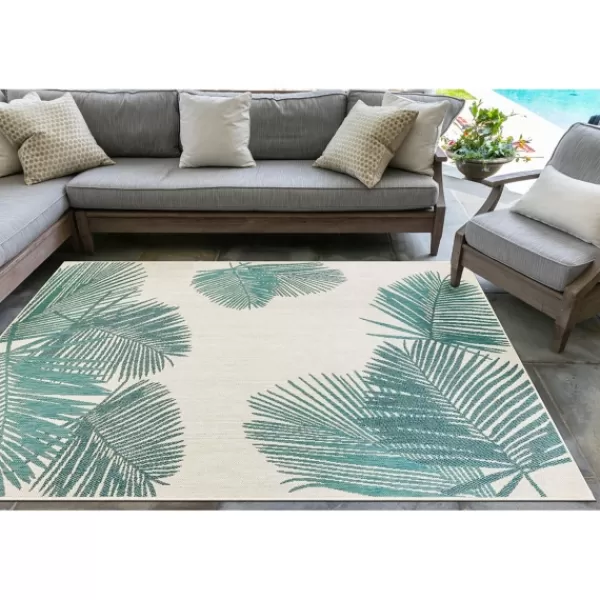 Outdoor Rugs-Kirkland's Home Aqua Forest Leaf Indoor/Outdoor Area Rug, 6X9 Green/White