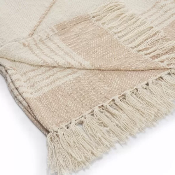 Blankets & Throws-Kirkland's Home Beige Cotton Diamond Geometric Fringe Throw Tan