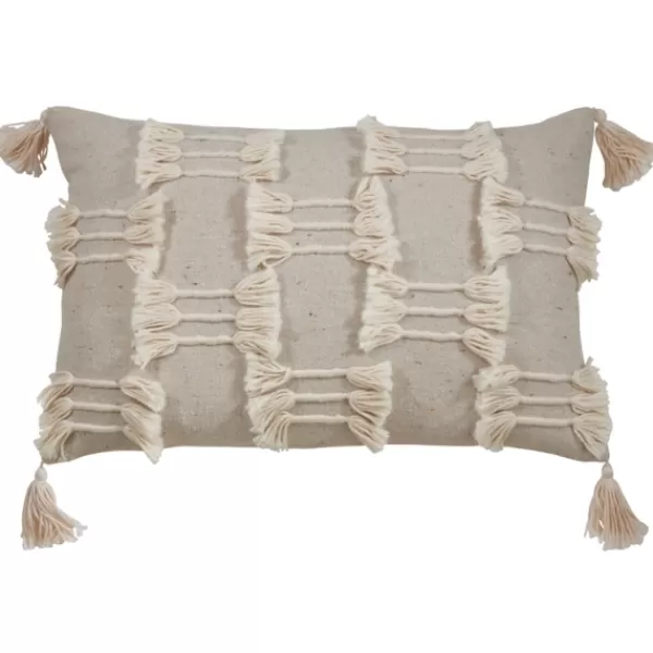Pillows-Kirkland's Home Beige Frayed Tassel Lumbar Pillow Tan/White