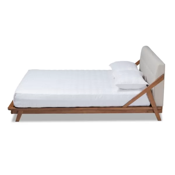 Beds & Headboards-Kirkland's Home Beige Tufted And Natural Walnut Full Platform Bed Tan