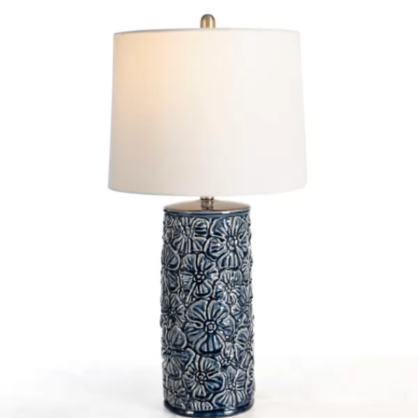 Table Lamps-Kirkland's Home Berto Glazed Denim Floral Table Lamp Blue