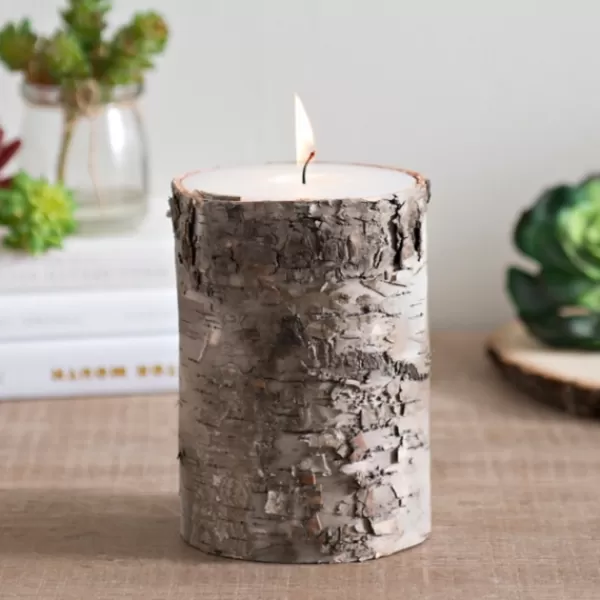 Candles-Kirkland's Home Birch Bark Pillar Candle, 6 In. Ivory/Brown