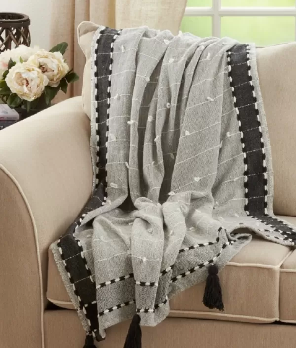 Blankets & Throws-Kirkland's Home Black Banded Tassel Edge Throw Black/White/Gray