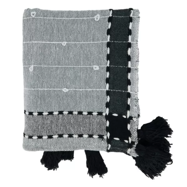 Blankets & Throws-Kirkland's Home Black Banded Tassel Edge Throw Black/White/Gray