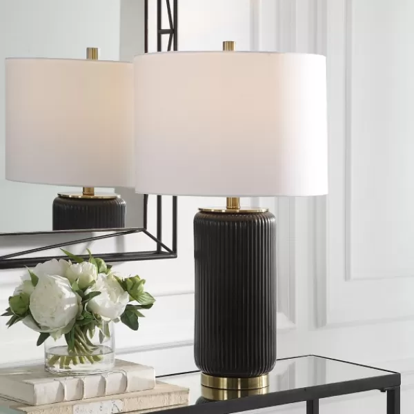 Table Lamps-Kirkland's Home Black Ceramic Ribbed Table Lamp White