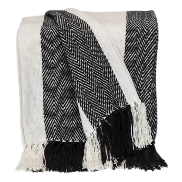 Blankets & Throws-Kirkland's Home Black Chalet Striped Fringe Throw Black/White