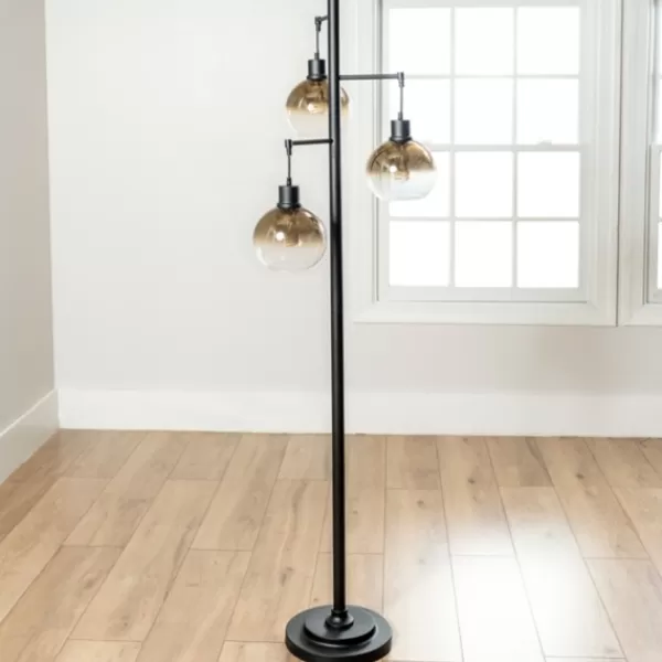 Floor Lamps-Kirkland's Home Black Metal And Glass 3-Arm Floor Lamp Gold