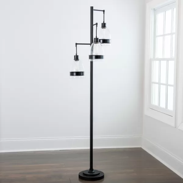 Floor Lamps-Kirkland's Home Black Metal And Glass Globe 3-Arm Floor Lamp Clear