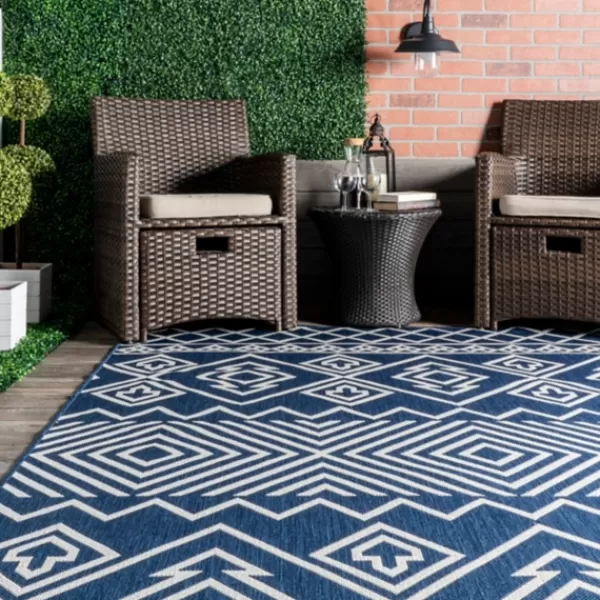 Outdoor Rugs-Kirkland's Home Blue Cassie Global Outdoor Area Rug, 5X8 Blue/White