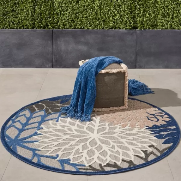 Outdoor Rugs-Kirkland's Home Blue Floral Burst Round Outdoor Area Rug, 5X5 Tan/Blue/White