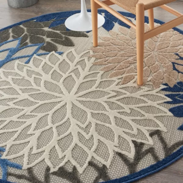 Outdoor Rugs-Kirkland's Home Blue Floral Burst Round Outdoor Area Rug, 5X5 Tan/Blue/White