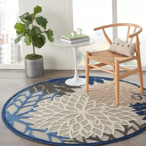 Outdoor Rugs-Kirkland's Home Blue Floral Burst Round Outdoor Area Rug, 5X5 Tan/Blue/White
