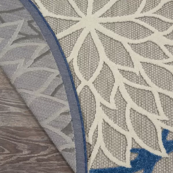 Outdoor Rugs-Kirkland's Home Blue Floral Burst Round Outdoor Area Rug, 7X7 Tan/Blue/White