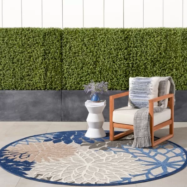 Outdoor Rugs-Kirkland's Home Blue Floral Burst Round Outdoor Area Rug, 7X7 Tan/Blue/White