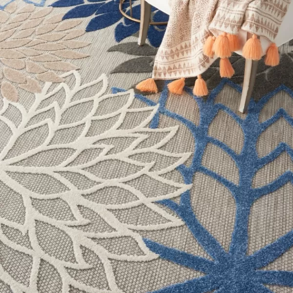 Outdoor Rugs-Kirkland's Home Blue Floral Burst Round Outdoor Area Rug, 7X7 Tan/Blue/White