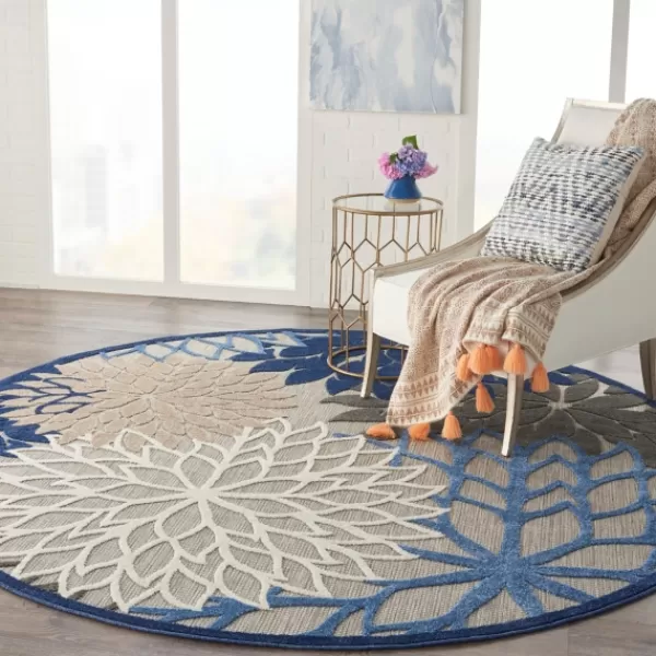 Outdoor Rugs-Kirkland's Home Blue Floral Burst Round Outdoor Area Rug, 7X7 Tan/Blue/White