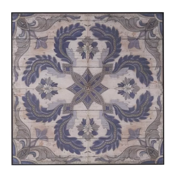 Wall Plaques-Kirkland's Home Blue Medallion Tile Fir Wood Wall Plaque Tan/Blue/Gray