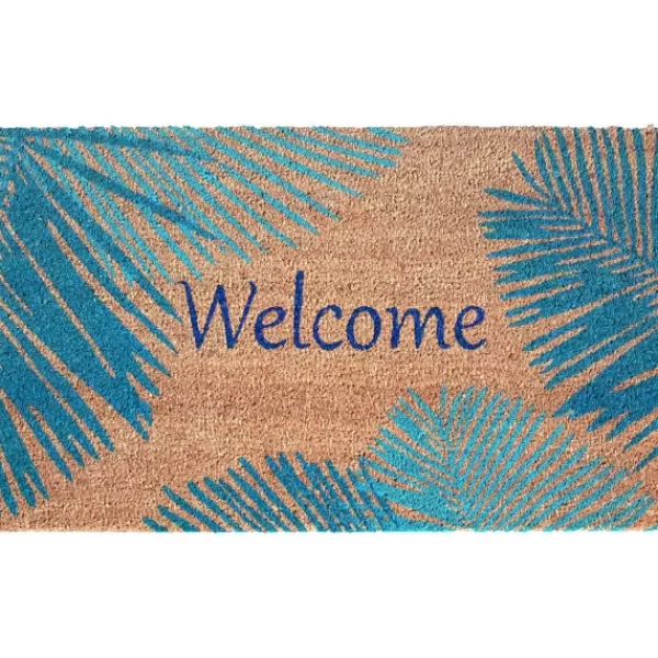 Doormats-Kirkland's Home Blue Palm Fronds Welcome Coir Doormat Tan/Blue