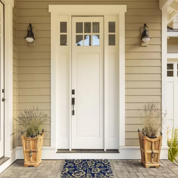 Doormats-Kirkland's Home Blue Peonies Coir Doormat Blue/Tan