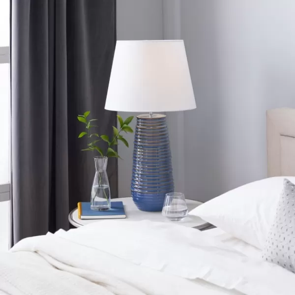 Table Lamps-Kirkland's Home Blue Ribbed Stoneware Table Lamp White