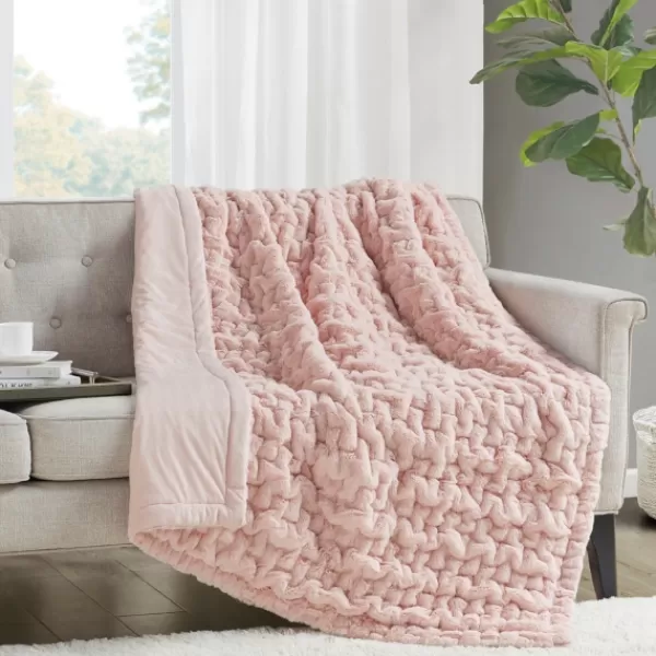 Blankets & Throws-Kirkland's Home Blush Ruched Faux Fur Throw Pink