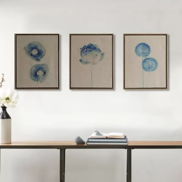 Framed Art-Kirkland's Home Botanical Framed Linen Canvas Art Print, Set Of 3 Blue/Tan