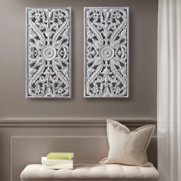 Wall Plaques-Kirkland's Home Botanical Wood Carved Panel Wall Plaques, Set Of 2 White