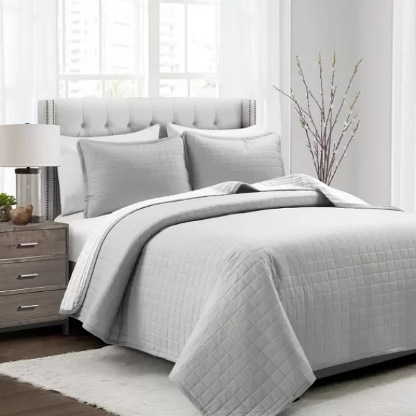 Quilts-Kirkland's Home Box Stitch Cotton King 3-Pc. Quilt Set Gray