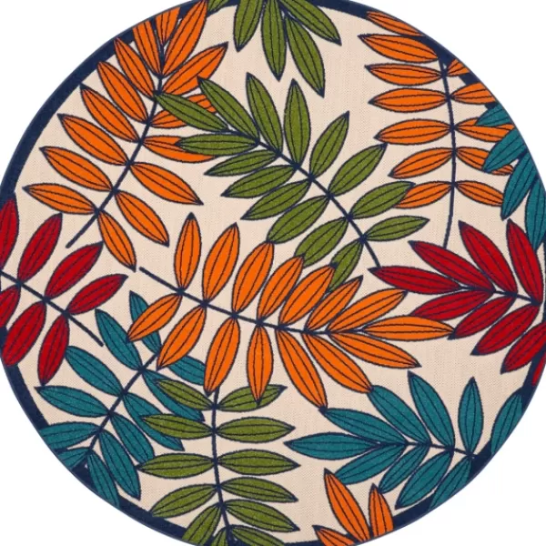 Outdoor Rugs-Kirkland's Home Bright Branches Round Outdoor Area Rug, 7X7 Orange/Green/Blue