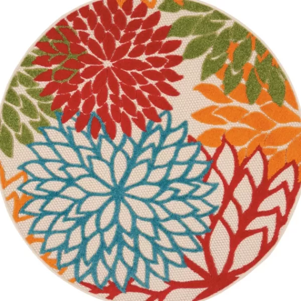 Outdoor Rugs-Kirkland's Home Bright Leaves Round Outdoor Area Rug, 5X5 Red/Blue/Orange