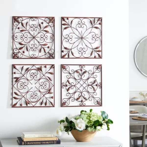 Wall Plaques-Kirkland's Home Bronze Scrollwork 4-Pc. Panel Wall Art Brown