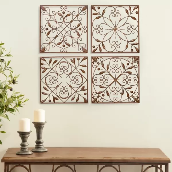 Wall Plaques-Kirkland's Home Bronze Scrollwork 4-Pc. Panel Wall Art Brown