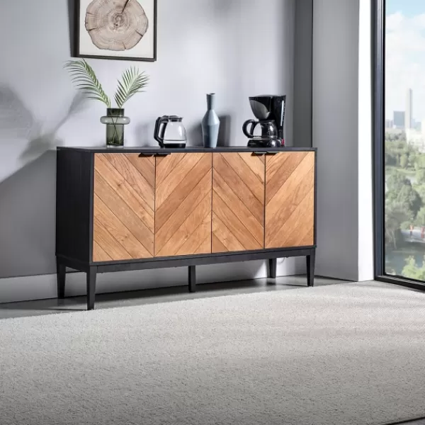 Cabinets & Sideboards-Kirkland's Home Brown And Black Wood Chevron 4-Door Sideboard Brown/Black