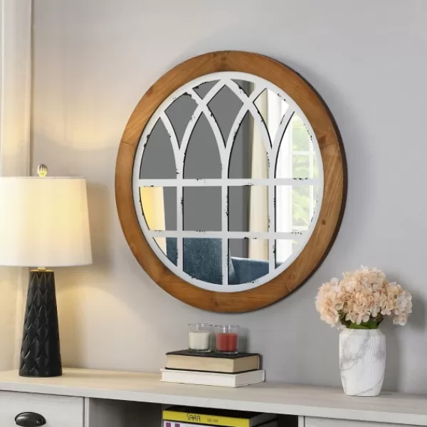 Decorative Mirrors-Kirkland's Home Brown And Wooden Round Windowpane Mirror White