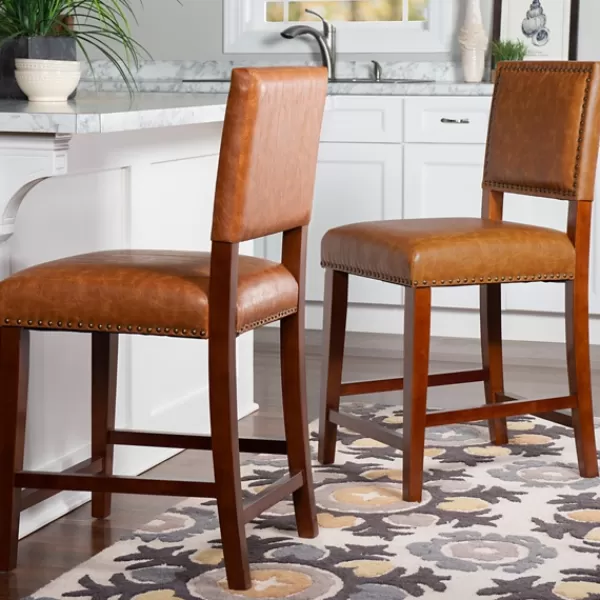 Bar Stools & Counter Height Stools-Kirkland's Home Brown Faux Leather Square Classic Counter Stool Tan