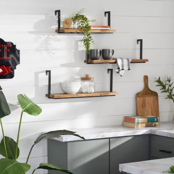 Shelves-Kirkland's Home Brown Wood Black Metal Frame 3-Pc. Wall Shelves