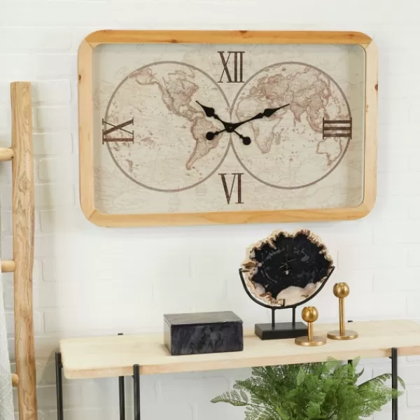 Clocks-Kirkland's Home Brown World Map Rectangular Wall Clock