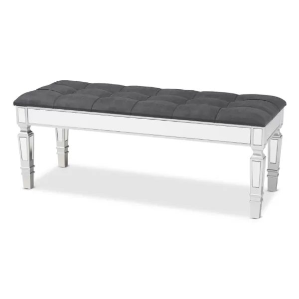 Benches & Ottomans-Kirkland's Home Button Tufted Bench With Mirrored Base Gray