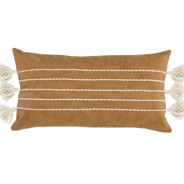 Pillows-Kirkland's Home Camel Vegan Leather Tasseled Lumbar Pillow Tan