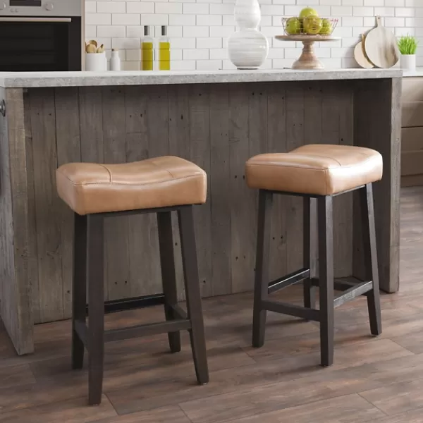 Bar Stools & Counter Height Stools-Kirkland's Home Camel Wood And Leather Backless Stool Tan