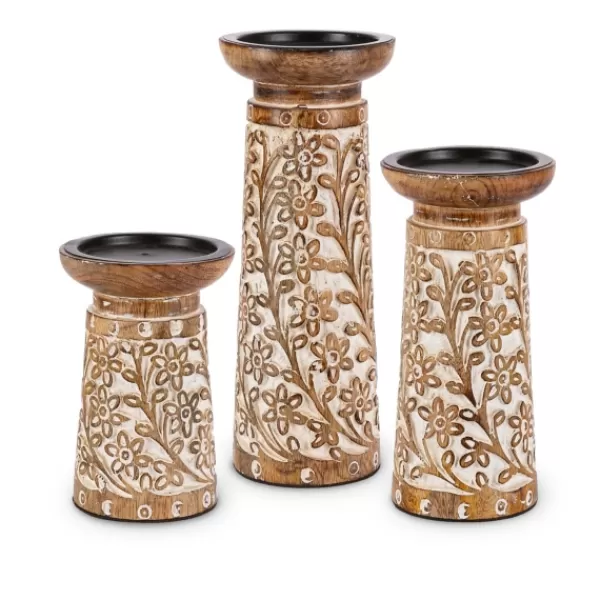 Candle Holders-Kirkland's Home Carved Wood Floral Pillar Candle Holders, Set Of 3 Brown/White