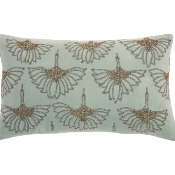 Pillows-Kirkland's Home Celadon Beaded Floral Motif Lumbar Pillow Blue