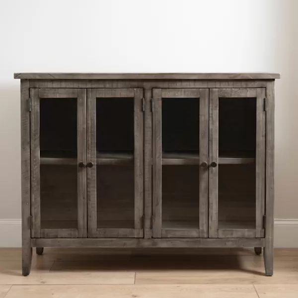 Cabinets & Sideboards-Kirkland's Home Charcoal 4-Door Windowpane Wooden Cabinet Gray