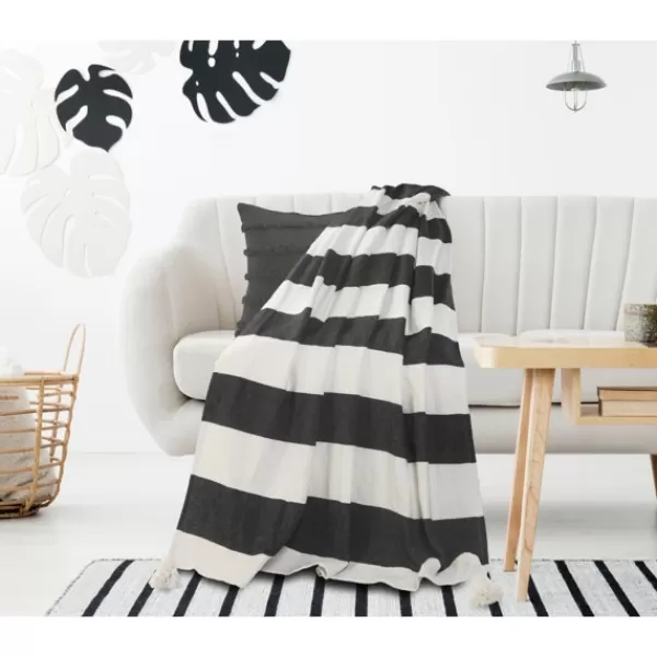 Blankets & Throws-Kirkland's Home Charcoal And White Striped Cotton Throw Gray/White