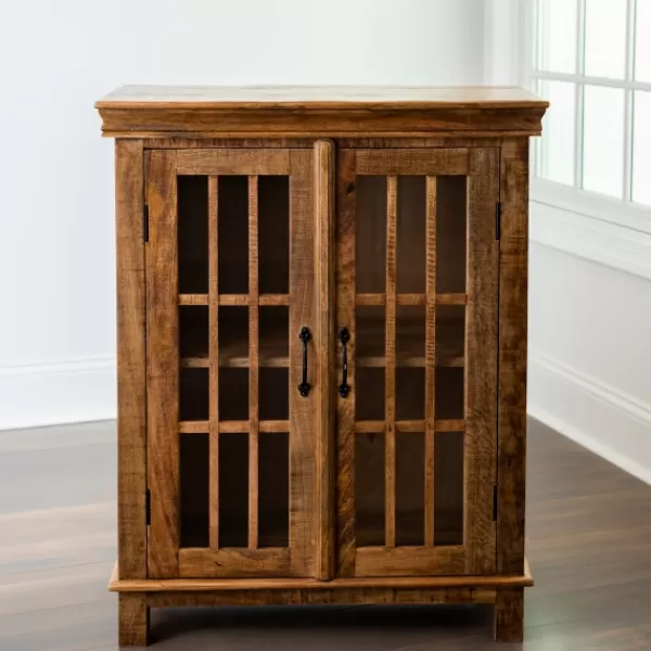 Cabinets & Sideboards-Kirkland's Home Charlie Natural Mango Wood Windowpane Cabinet Brown
