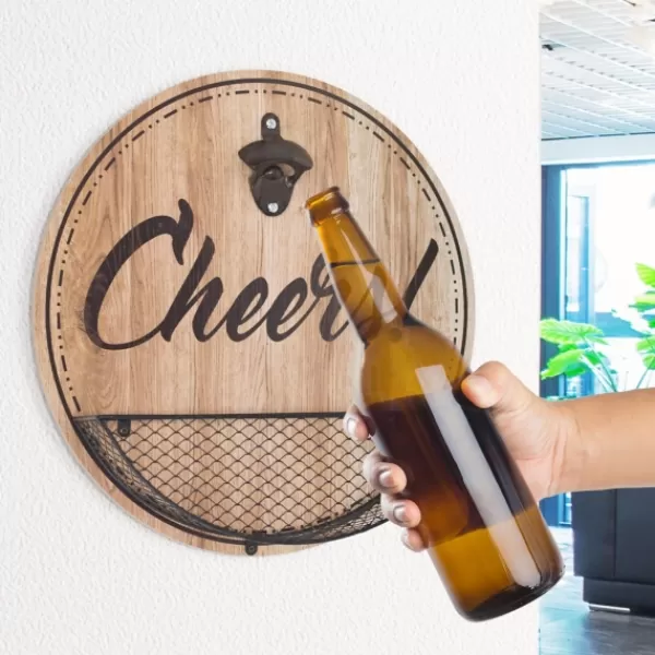 Wall Quotes & Signs-Kirkland's Home Cheers Bottle Opener Cap Catcher Wall Decoration Brown/Black/Tan