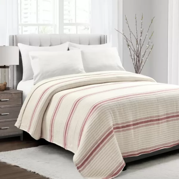 Quilts-Kirkland's Home Cherry Red Pick Stitch Stripe King Quilt Red/White