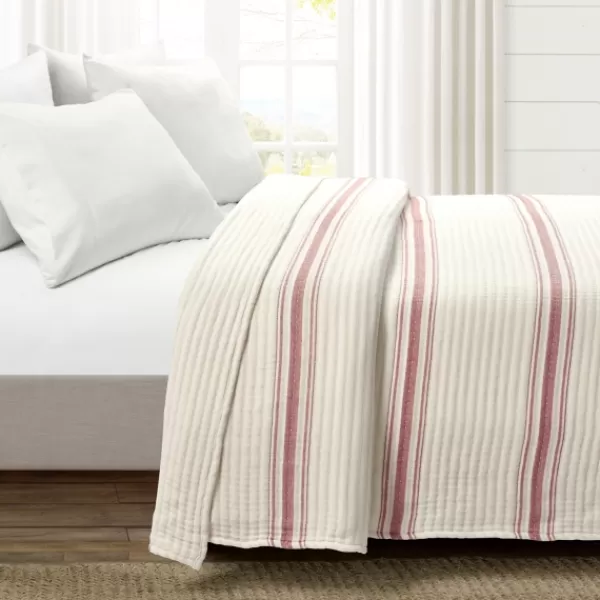 Quilts-Kirkland's Home Cherry Red Pick Stitch Stripe King Quilt Red/White