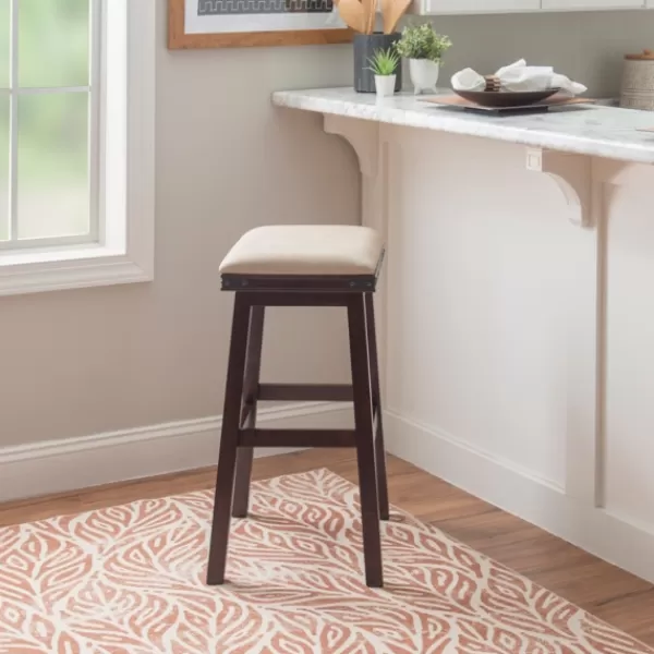 Bar Stools & Counter Height Stools-Kirkland's Home Chestnut Wood Upholstered Leather Bar Stool Tan