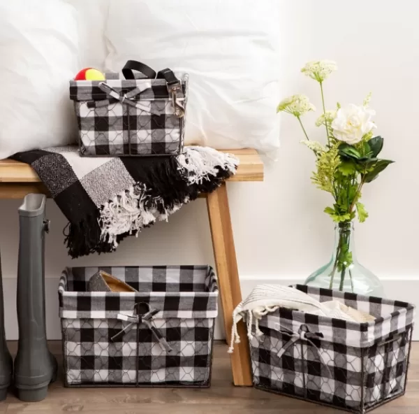 Baskets & Boxes-Kirkland's Home Chicken Wire And Buffalo Check Baskets, Set Of 3 Black/White